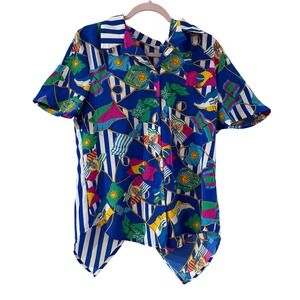 Vintage Nautical Print Blouse Flags Rope Colorful 80s Shirt kidcore dopamine Sun